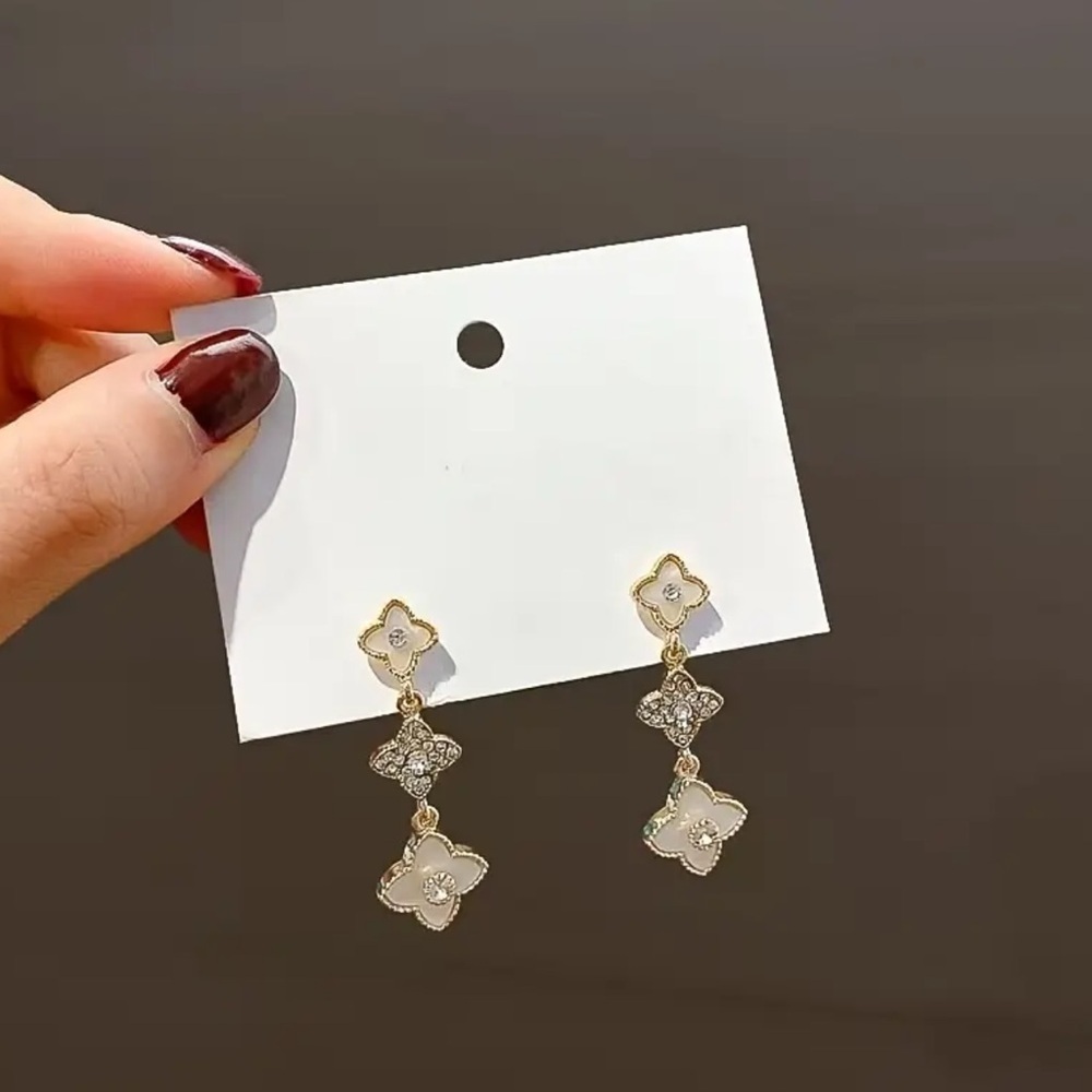 Alhambra Rhinestone Clover Tassel Earrings 🌸 925 Silver Posts | Holiday Gift - Picture 3 of 6